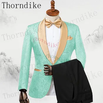 Thorndike Mint Green Jacquard Male Fashion Costume Homme Blazer Pants Suit Men Slim Fit Wedding Groom Tuxedo Groomsmen Suits