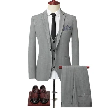 4XL Мъжки костюм яке жилетка панталони мода бутик каре случайни бизнес мъжки младоженец сватба смокинг рокля 3 бр комплект блейзъри палто