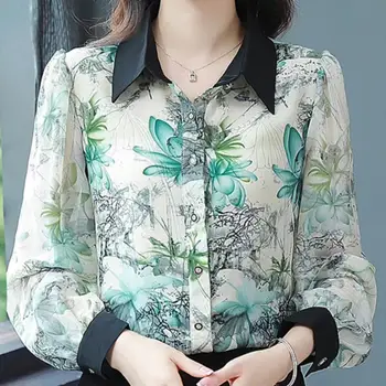 2023 Пролет и есен Нова мода дълъг ръкав печат елегантен голям размер риза Дамски офис дама шифон блуза отгоре