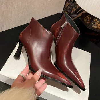 Американска мода заострени пръсти секси високи тънки токчета обувки жени страничен цип Commuter модерни глезена ботуши 2024 Нови Botas Femininas