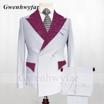 Gwenhwyfar 2022 Нова асиметрична дължина младоженец смокинги Бургундия жакард ревера мъже бял цвят сватбен костюм смокинги 2 PIeces