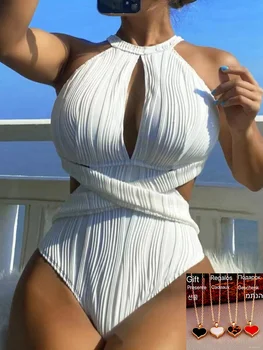 2024 Комплект от едно парче бански жени Твърд гръб Puch Up Секси бял плаж бански костюми женски черен плисиран бански костюм Плажно облекло