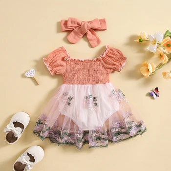 Детска рокля за бебе момиче Сладък къс ръкав квадратно деколте Shirred Frill Trim Тюл гащеризон рокля с лък лента за глава Детски дрехи