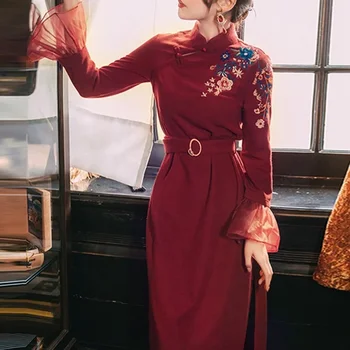 2020 Есен китайски стил облекло жени Cheongsam рокля дама елегантен бродерия дълги ръкави ориенталски рокля Qipao Vestido 11786