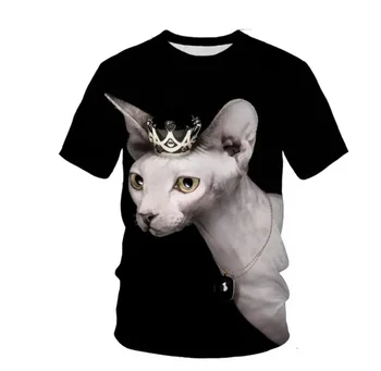 3D мъжка и дамска тениска с животински принт, обло деколте, котка без козина, небрежен и забавен стил, модерно и модерно лято, трици