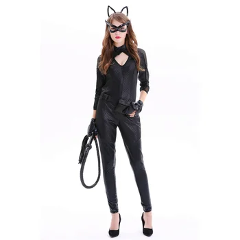 Жени латекс котешки костюм изкуствена кожа котка гащеризони косплей костюм котка костюм гащеризон боди за Хелоуин