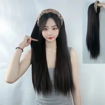 перука женски дълга права коса обръч една жена половин глава капак реалистичен пухкав естествен корейски симулация пълна глава капак