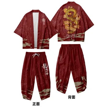 Азиатски традиционен китайски дракон отпечатана жилетка мъже косплей японски юката кимоно и панталони комплекти