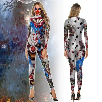 Цвят Cosplayer Хелоуин Пурим карнавален костюм жени и мъже Жокер косплей боди филм костюм клоун секси zentai котешки костюми