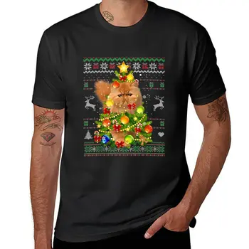 Персийски котка Коледно дърво светлини украшение грозен пуловер котки тениска аниме тениска тениска мъж обикновен т ризи мъже