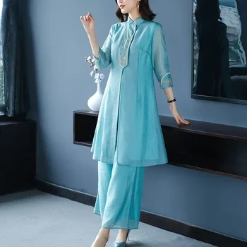 Китайски стил облекло жени Cheongsam костюм реколта бродерия Qipao отгоре и широк крак панталони елегантен ориенталски дама комплект костюм 11922