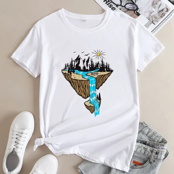 Открит Планини Водопад Тениска Естетически Лято Езеро Живот Тениска Sassy Жени Приключенски Къмпинг Тийс Топс