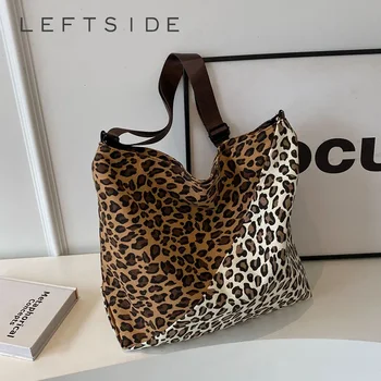 LEFTSIDE Splicing Leopard Design 2023 Зимна корейска мода Мини Crossbody чанти за жени Дамска чанта за рамо Кофа чанти