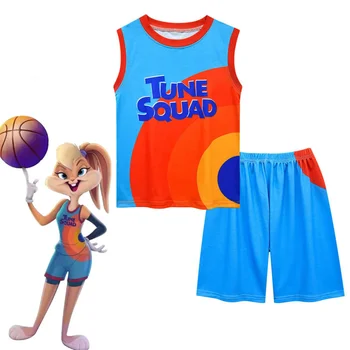 Детски дрехи Момчета Момичета Space Jam 2 Косплей костюми Tune Squad Жилетка Тениска Шорти Панталони Бебе Детски баскетбол Спортен костюм