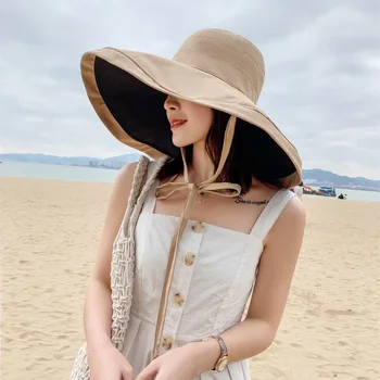 Летни жени Двойна странична мода Широка голяма периферия Шапка за слънце Открит плаж Рибарска шапка UV доказателство Слънцезащитна шапка Кофа шапка