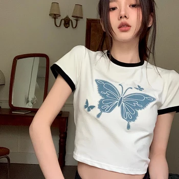 Y2k момиче деним пеперуда пачуърк O врата тениски жени улица случайни лятото кратко тениска Harajuku черно бяло изрязване отгоре 2023