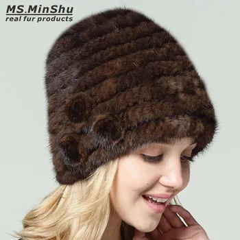Ms.MinShu Дамски шапки Beanies Истинска шапка от норка Зимна истинска шапка от норка Ръчно плетена с кожени цветя