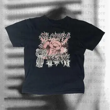 Punk Print Graphic Baby Tees Black Cute Crop Top Goth Short Sleeve Slim T-shirt Emo Girl Vintage Y2k Style 2000s Tops Streetwear