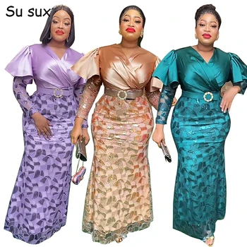 Африкански вечерни парти рокли за дамско облекло 2023 Елегантна знаменитост абитуриентска рокля V Neck Макси рокля с висока талия и халат за колан