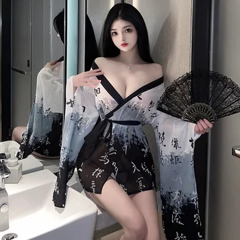 перспектива ретро китайски униформа секси тюл кимоно халат древен ханфу еротичен прозрачен бельо пижами прашки костюм