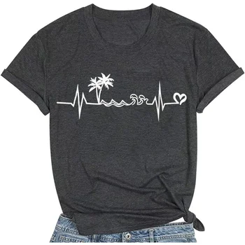 плаж Heartbeat T тениска за жени любов сърцето графични тениски печат ризи къс ръкав случайни лятна ваканция Tee върховете