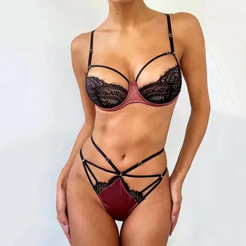 Lace Lingerie Set 2 Piece Bra And Thong Erotic Underwear Hollow Out Strappy Exotic Sets Lenceria Porno Costume эротическое белье