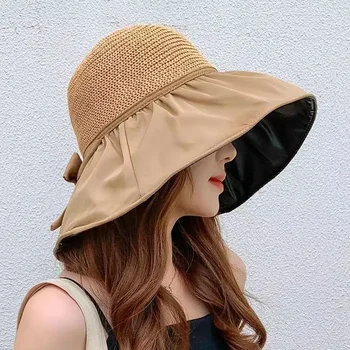 Жените кофа шапка UV защита слънчеви шапки плътен цвят мека сгъваема широка периферия открит плаж Панама капачка конска опашка капачки чадър шапка