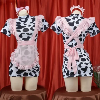 Лолита аниме момичета мляко крава косплей костюм превръзка розов къдри костюм рокля марля апон комплект жени Хелоуин парти бельо подаръци