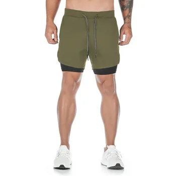 Двоен слой мъжки спортни шорти полиестерни къси панталони дишащи фитнес шорти