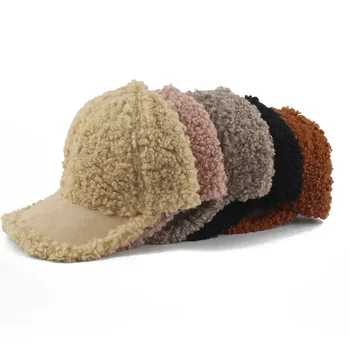 2023 Зимна шапка агнешка вълна бейзболна шапка за жени момичета Solid Hip Hop Snapback Cap Външна регулируема топла шапка за слънце Gorras