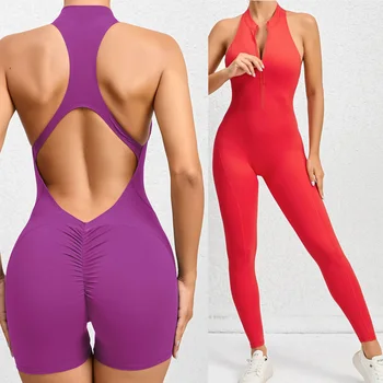 Еднокомпонентен спортен йога комплект Zipper Hollow Out Гимнастически комплект Дамско облекло Фитнес тренировка Комплект Тренировъчни дрехи за жени Спортно облекло Академичен
