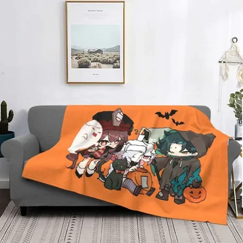 Genshin Impact Halloween Chibi Hu Tao Qi Qi And Xiao Blanket Flannel Textile Decor Thin Throw Blanket for Bed Travel Bedsayss