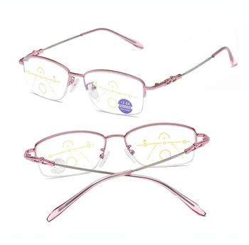 Прогресивен мултифокус Вижте близки и далечни очила за четене Жени Полу-джанта Висококачествени елегантни пружинни панти Anti Blu 1 2 3 до 4