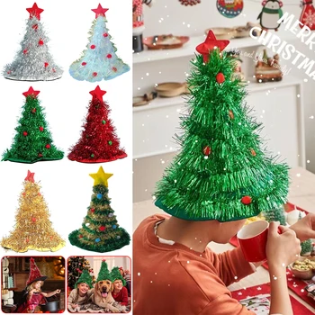Коледна шапка лъскава гирлянда дърво цветни Poms със звезда тема шапки за възрастни Дядо Коледа костюм игра Начало празник парти декор