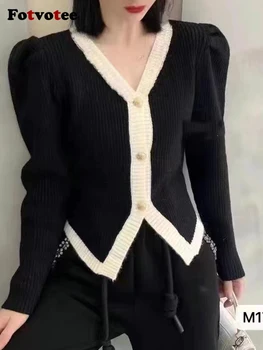 Fotvotee плетена жилетка пуловери за жени тънък корейски мода есен зима 2023 V-образно деколте черно бяло Y2k изрязана жилетка