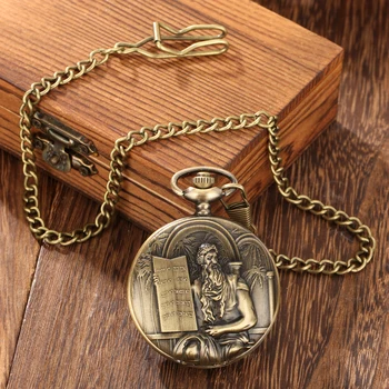 Бронзов Исус Кварцов аналогов джобен часовник Мъже жени антични подаръци ретро висулка огърлица часовник с верига пълен ловец дизайн