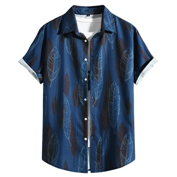 Fashion Navy Feather Print Хавайска риза Мъже Лятна марка Slim Fit къс ръкав плажни ризи Мъже Casual Quick Dry Holiday Shirt