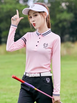 Golf Set Дамски дълъг ръкав Turn Down Яка Розова тениска с дълъг ръкав + Черен пълен панталон Костюм от две части Есен/зима Дишаща