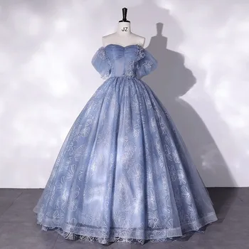 Bomaris Прашно синьо извън рамото топка рокля Quinceanera рокли Vestidos De 15 Anos реколта дантела принцеса рожден ден рокли